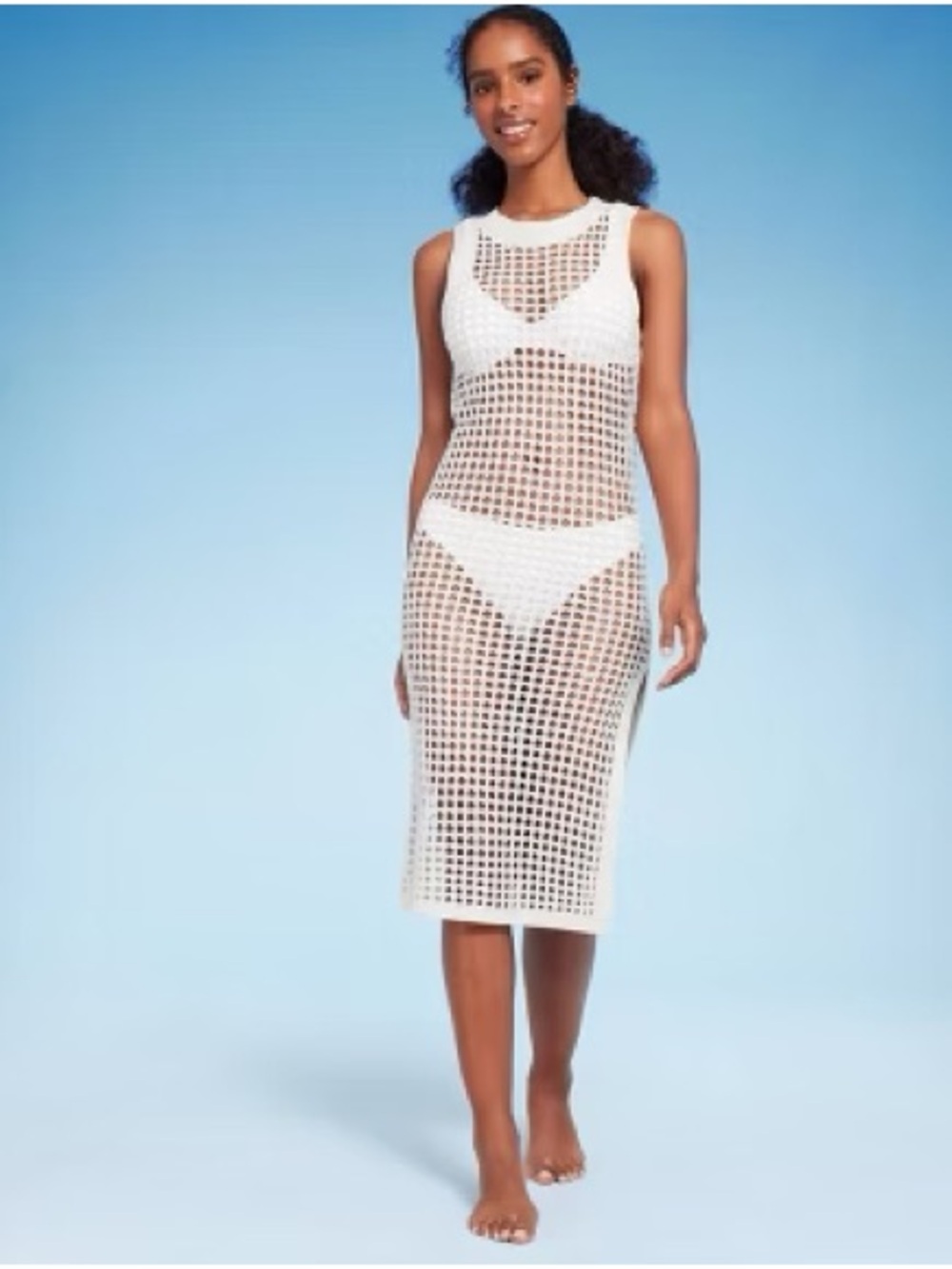 Shade & shore off white crochet midi cover up swim sleeveless slit